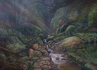 "Emergence" - From the chasms in the bush the stream begins its journey to the sea. - Painting by Graham Stichbury, an artist from Hawke's Bay, New Zealand.