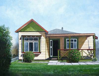 "Family Home" - Painting by Graham Stichbury, an artist from Hawke's Bay, New Zealand.