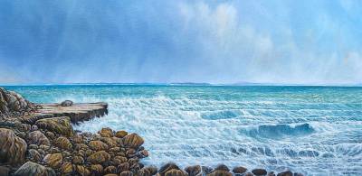 "Flat Rock" - North of Napier at Tongoio is Flat Rock. It is a popular fishing spot with good views across Hawke Bay. - Painting by Graham Stichbury, an artist from Hawke's Bay, New Zealand.