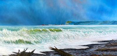 "Westshore Rough Seas" - Looking from Westshore to Napier during the June storms. - Painting by Graham Stichbury, an artist from Hawke's Bay, New Zealand.