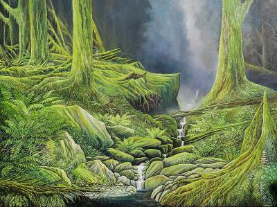 "Deep South" - Inspired by a journey to the amazing Fiordland forest. - Painting by Graham Stichbury, an artist from Hawke's Bay, New Zealand.