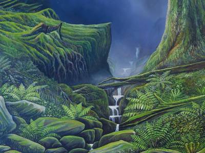 "Deep South" - Inspired by a journey to the amazing Fiordland forest. - Painting by Graham Stichbury, an artist from Hawke's Bay, New Zealand.