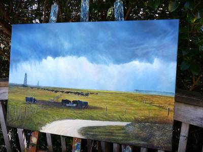 "Wetlands" - A curtain of rain threatens the Hawkes Bay coast near the beacons. - Painting by Graham Stichbury, an artist from Hawke's Bay, New Zealand.