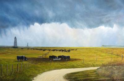 "Wetlands" - A curtain of rain threatens the Hawkes Bay coast near the beacons. - Painting by Graham Stichbury, an artist from Hawke's Bay, New Zealand.