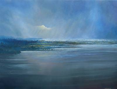 "Estuary" - Heavy cloud builds in the late afternoon as the tide begins to seep across the mudflats. - Painting by Graham Stichbury, an artist from Hawke's Bay, New Zealand.