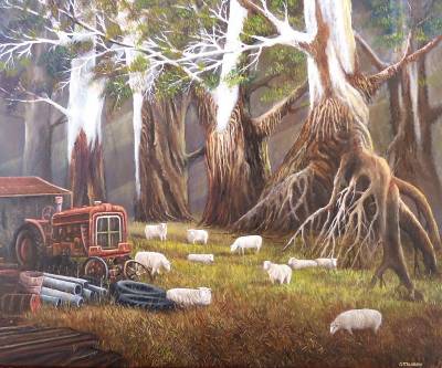 "Back Paddock" - It is at the Back Paddock where farm machinery finds it last resting place. - Painting by Graham Stichbury, an artist from Hawke's Bay, New Zealand.