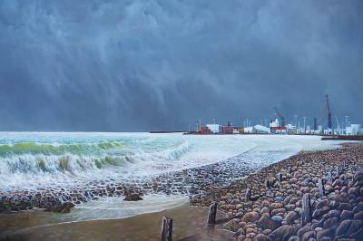 "Napier Port" - Looking from Hardinge Road rocky shore, Napier. - Painting by Graham Stichbury, an artist from Hawke's Bay, New Zealand.