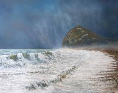 "Stingray Bay" - Looking south towards Whakaari Peninsula near Tangoio, Hawkes Bay. - Painting by Graham Stichbury, an artist from Hawke's Bay, New Zealand.