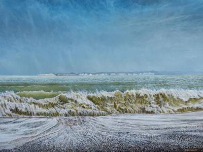 "Marine Parade, Napier" - Powerful waves along the shoreline. - Painting by Graham Stichbury, an artist from Hawke's Bay, New Zealand.